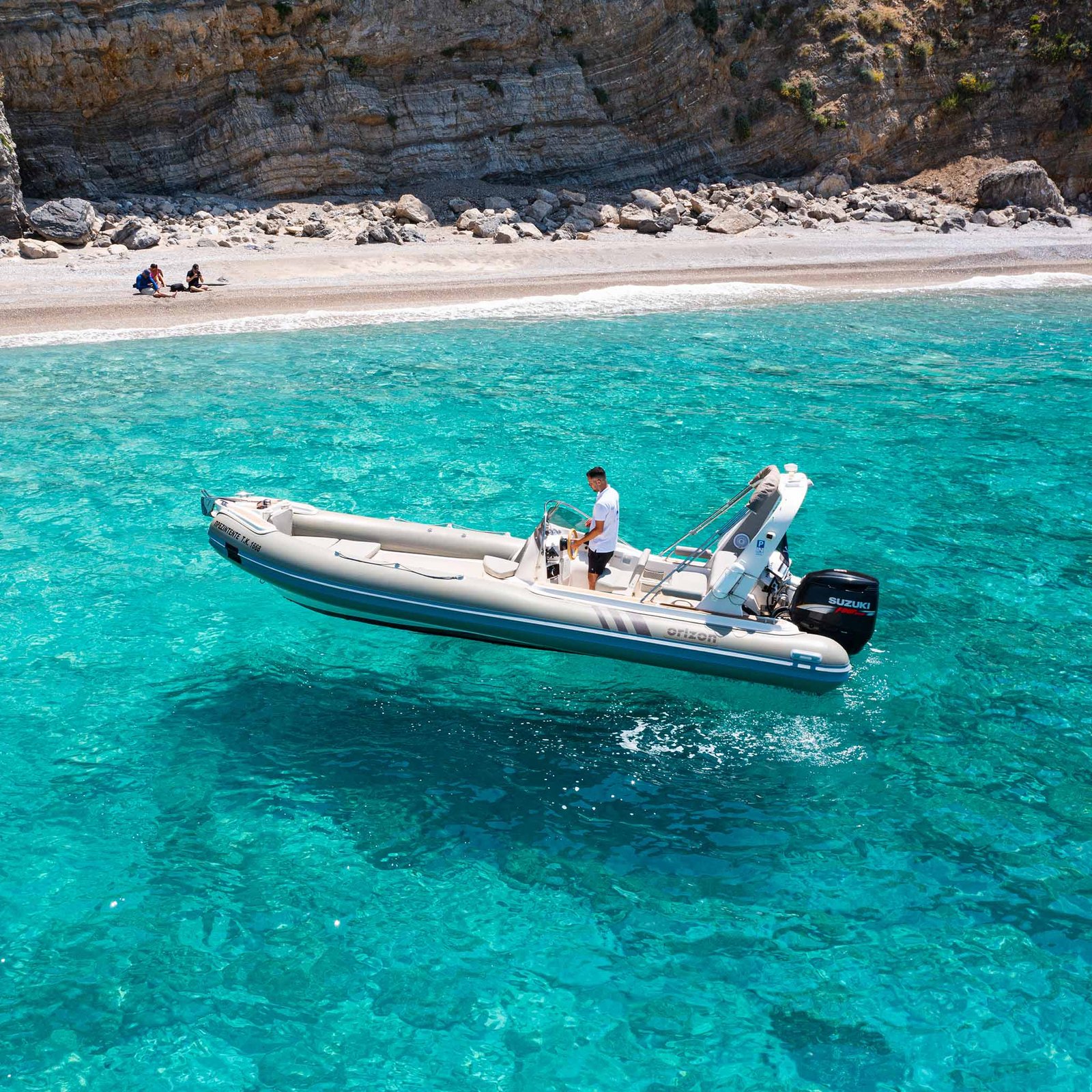 FantaSea Boats rental base in Paleokastritsa Corfu featuring the PRESIDENTE 200HP luxury skippered motorboat.